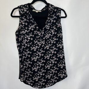 Ann Taylor LOFT Floral Sleeveless Top Blouse M Black Collar V-Neck Pockets
